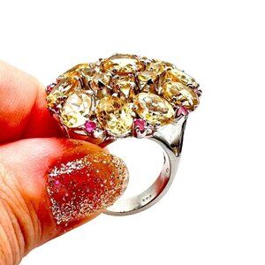 Large Domed Yellow Citrine Ruby Accents Sterling Silver Cocktail Ring Size 8